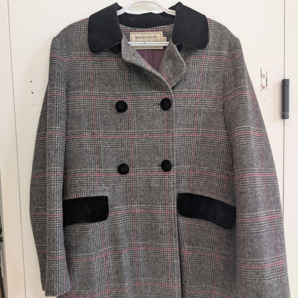 MAISON KITSUNE Gray and Black Plaid Pea Coat - Picture 2 of 5